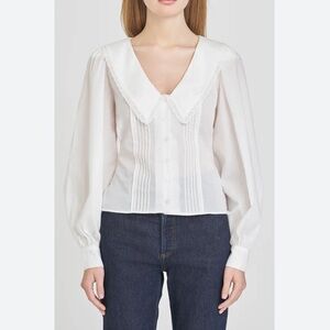 Wayf Women’s White Cotton Lace Trim Blouse Boho V-Neck Long Sleeve Button M